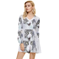 Cat Pet Art Abstract Watercolor Tiered Long Sleeve Mini Dress by Jancukart