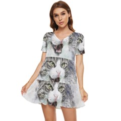 Cat Pet Art Abstract Watercolor Tiered Short Sleeve Babydoll Dress by Jancukart