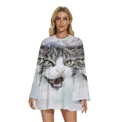 Cat Pet Art Abstract Watercolor Round Neck Long Sleeve Bohemian Style Chiffon Mini Dress by Jancukart