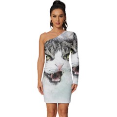 Cat Pet Art Abstract Watercolor Long Sleeve One Shoulder Mini Dress by Jancukart