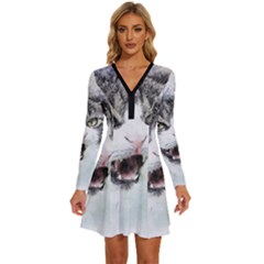 Cat Pet Art Abstract Watercolor Long Sleeve Deep V Mini Dress  by Jancukart