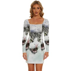 Cat Pet Art Abstract Watercolor Long Sleeve Square Neck Bodycon Velvet Dress