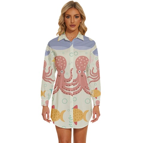 Underwater-seamless-pattern-light-background-funny Womens Long Sleeve Shirt Dress by Salman4z