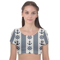 Nautical-seamless-pattern-vector-illustration Velvet Short Sleeve Crop Top  by Salman4z