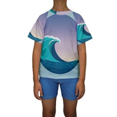 Tsunami Tidal Waves Wave Minimalist Ocean Sea Kids  Short Sleeve Swimwear by Ravend