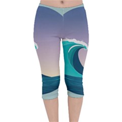 Tsunami Tidal Waves Wave Minimalist Ocean Sea Velvet Capri Leggings  by Ravend