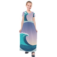 Tsunami Tidal Waves Wave Minimalist Ocean Sea Kids  Short Sleeve Maxi Dress by Ravend