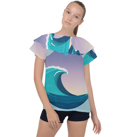 Tsunami Tidal Waves Wave Minimalist Ocean Sea Ruffle Collar Chiffon Blouse by Ravend