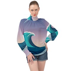 Tsunami Tidal Waves Wave Minimalist Ocean Sea High Neck Long Sleeve Chiffon Top by Ravend