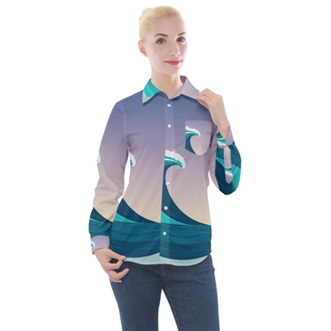 Tsunami Tidal Waves Wave Minimalist Ocean Sea Women s Long Sleeve Pocket Shirt by Ravend