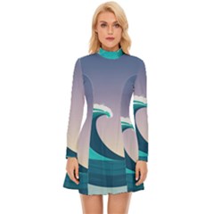 Tsunami Tidal Waves Wave Minimalist Ocean Sea Long Sleeve Velour Longline Dress by Ravend