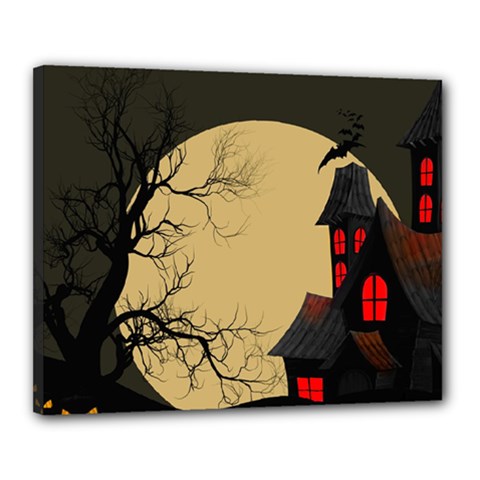 Halloween Moon Haunted House Full Moon Dead Tree Canvas 20  X 16  (stretched) by Ravend