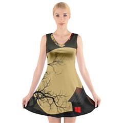 Halloween Moon Haunted House Full Moon Dead Tree V-neck Sleeveless Dress by Ravend