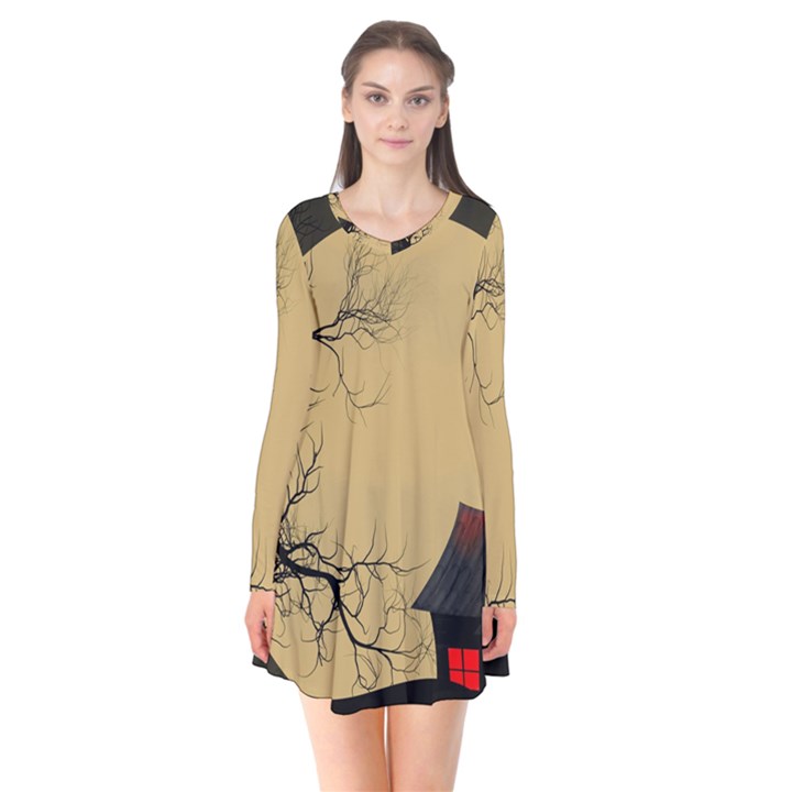 Halloween Moon Haunted House Full Moon Dead Tree Long Sleeve V-neck Flare Dress