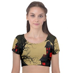 Halloween Moon Haunted House Full Moon Dead Tree Velvet Short Sleeve Crop Top  by Ravend