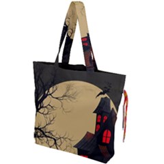 Halloween Moon Haunted House Full Moon Dead Tree Drawstring Tote Bag by Ravend