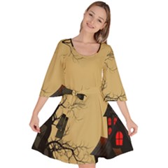 Halloween Moon Haunted House Full Moon Dead Tree Velour Kimono Dress by Ravend