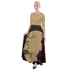 Halloween Moon Haunted House Full Moon Dead Tree Half Sleeves Maxi Dress by Ravend