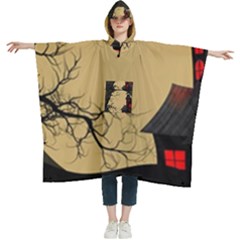 Halloween Moon Haunted House Full Moon Dead Tree Women s Hooded Rain Ponchos