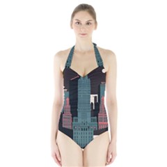 New York City Nyc Skyline Cityscape Halter Swimsuit by Ravend