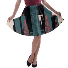 New York City Nyc Skyline Cityscape A-line Skater Skirt by Ravend