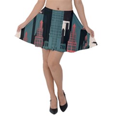 New York City Nyc Skyline Cityscape Velvet Skater Skirt by Ravend