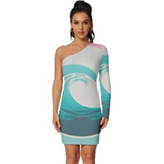 Tidal Wave Ocean Sea Tsunami Wave Minimalist Long Sleeve One Shoulder Mini Dress by Ravend