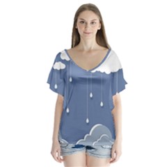 Clouds Rain Paper Raindrops Weather Sky Raining V-neck Flutter Sleeve Top by Ravend