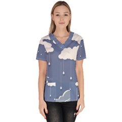 Clouds Rain Paper Raindrops Weather Sky Raining Women s V-neck Scrub Top by Ravend