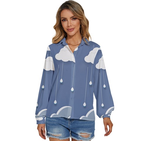 Clouds Rain Paper Raindrops Weather Sky Raining Women s Long Sleeve Button Up Shirt by Ravend