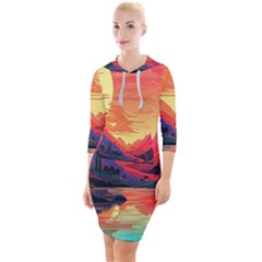 Tropical Landscape Island Background Wallpaper Quarter Sleeve Hood Bodycon Dress by Ravend