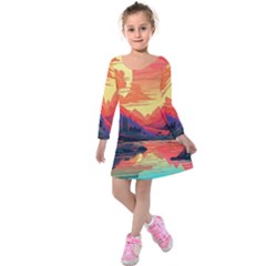 Tropical Landscape Island Background Wallpaper Kids  Long Sleeve Velvet Dress by Ravend