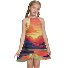 Tropical Landscape Island Background Wallpaper Kids  Halter Collar Waist Tie Chiffon Dress by Ravend