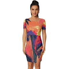 Tropical Landscape Island Background Wallpaper Fitted Knot Split End Bodycon Dress by Ravend