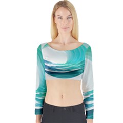 Tsunami Tidal Wave Wave Minimalist Ocean Sea Long Sleeve Crop Top by Ravend