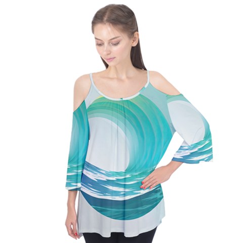 Tsunami Tidal Wave Wave Minimalist Ocean Sea Flutter Sleeve Tee  by Ravend