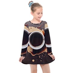 Coffee Cafe Espresso Drink Beverage Kids  Long Sleeve Dress by Ravend