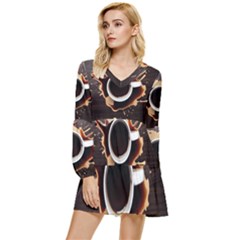 Coffee Cafe Espresso Drink Beverage Tiered Long Sleeve Mini Dress by Ravend