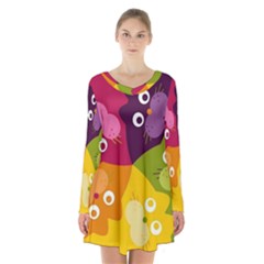 Colorful Cats Long Sleeve Velvet V-neck Dress