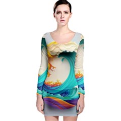 Tsunami Tidal Wave Waves Minimalist Ocean Sea Long Sleeve Bodycon Dress by Ravend