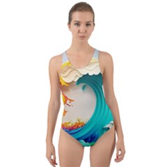 Tsunami Tidal Wave Waves Minimalist Ocean Sea Cut-out Back One Piece Swimsuit by Ravend