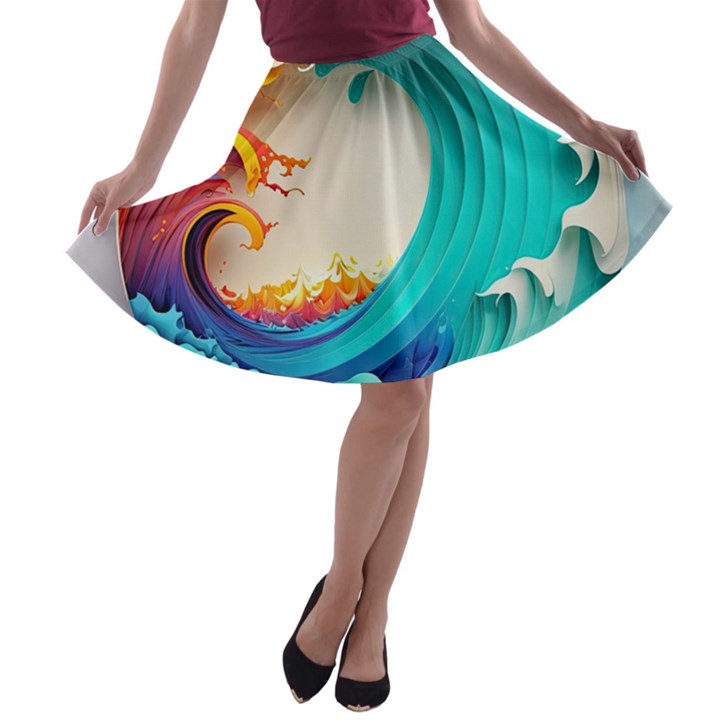 Tsunami Tidal Wave Waves Minimalist Ocean Sea A-line Skater Skirt