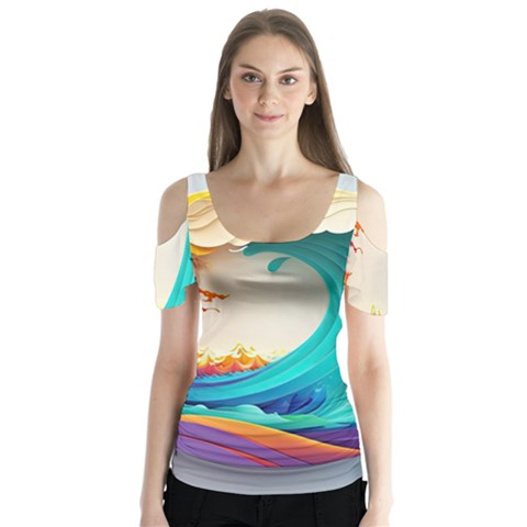 Tsunami Tidal Wave Waves Minimalist Ocean Sea Butterfly Sleeve Cutout Tee  by Ravend