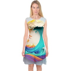 Tsunami Tidal Wave Waves Minimalist Ocean Sea Capsleeve Midi Dress by Ravend