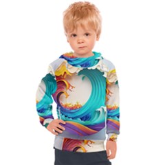 Tsunami Tidal Wave Waves Minimalist Ocean Sea Kids  Hooded Pullover by Ravend