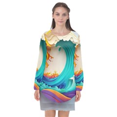 Tsunami Tidal Wave Waves Minimalist Ocean Sea Long Sleeve Chiffon Shift Dress  by Ravend