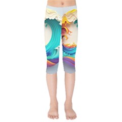 Tsunami Tidal Wave Waves Minimalist Ocean Sea Kids  Capri Leggings  by Ravend