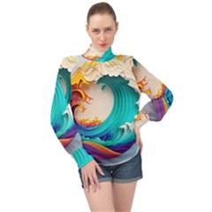 Tsunami Tidal Wave Waves Minimalist Ocean Sea High Neck Long Sleeve Chiffon Top by Ravend