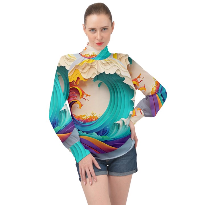 Tsunami Tidal Wave Waves Minimalist Ocean Sea High Neck Long Sleeve Chiffon Top