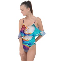 Tsunami Tidal Wave Waves Minimalist Ocean Sea Drape Piece Swimsuit by Ravend